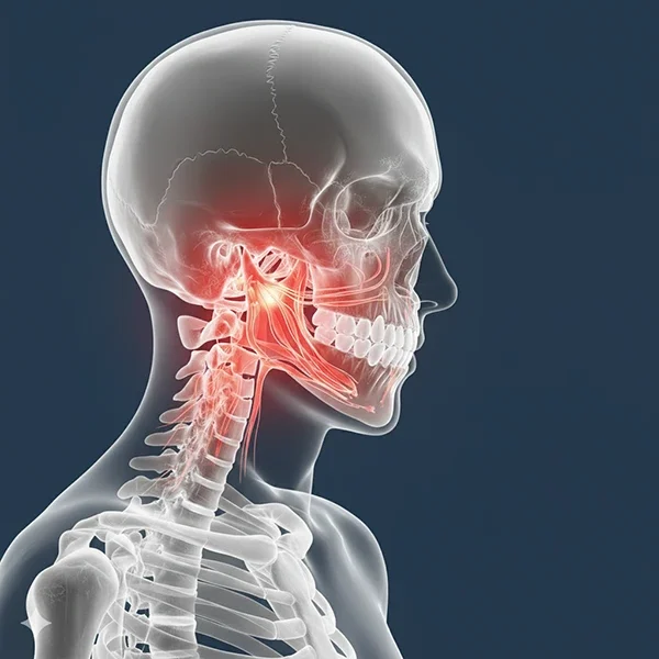 Anatomische Darstellung von Kiefergelenk und Nacken zur Veranschaulichung der osteopathischen CMD-Therapie.